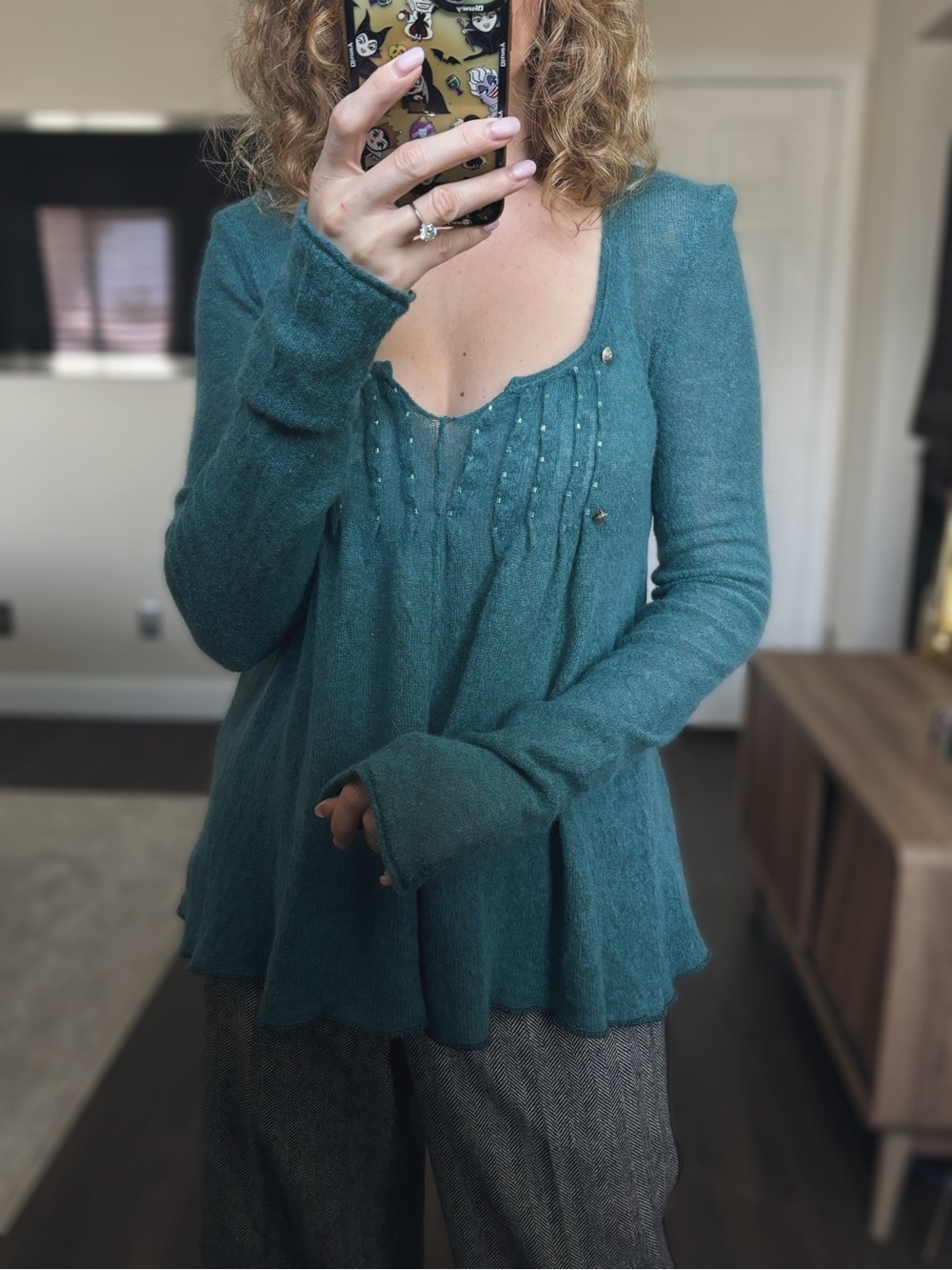 Free People Teal Fuzzy Knit Top Wool & angora blend sz M